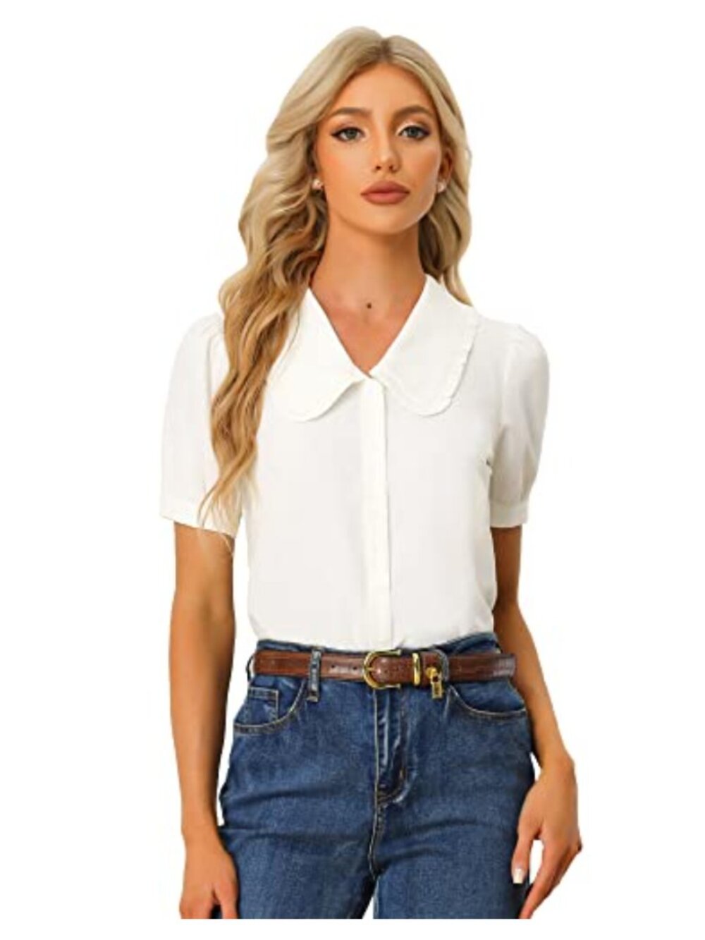 Women's Retro Peter Pan Collar Blouse Puff Sleeve Button Down Top